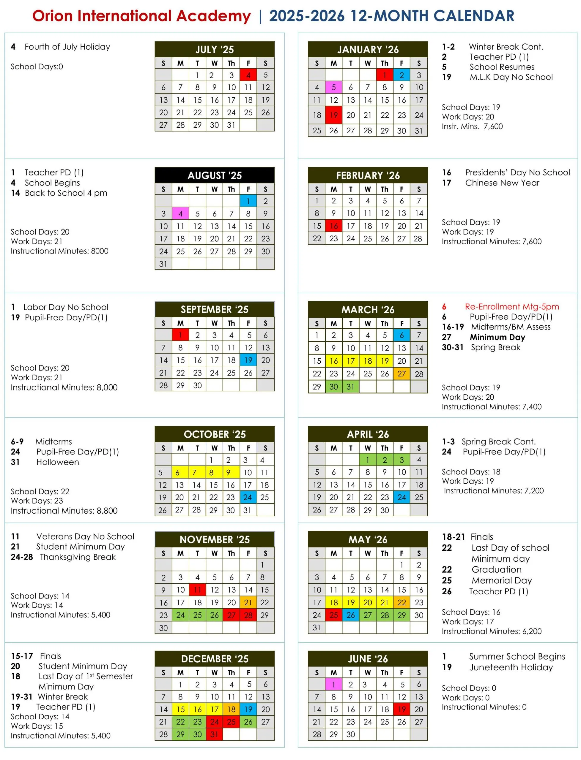 Orion International Schools 2025-2026 Academic Calendar