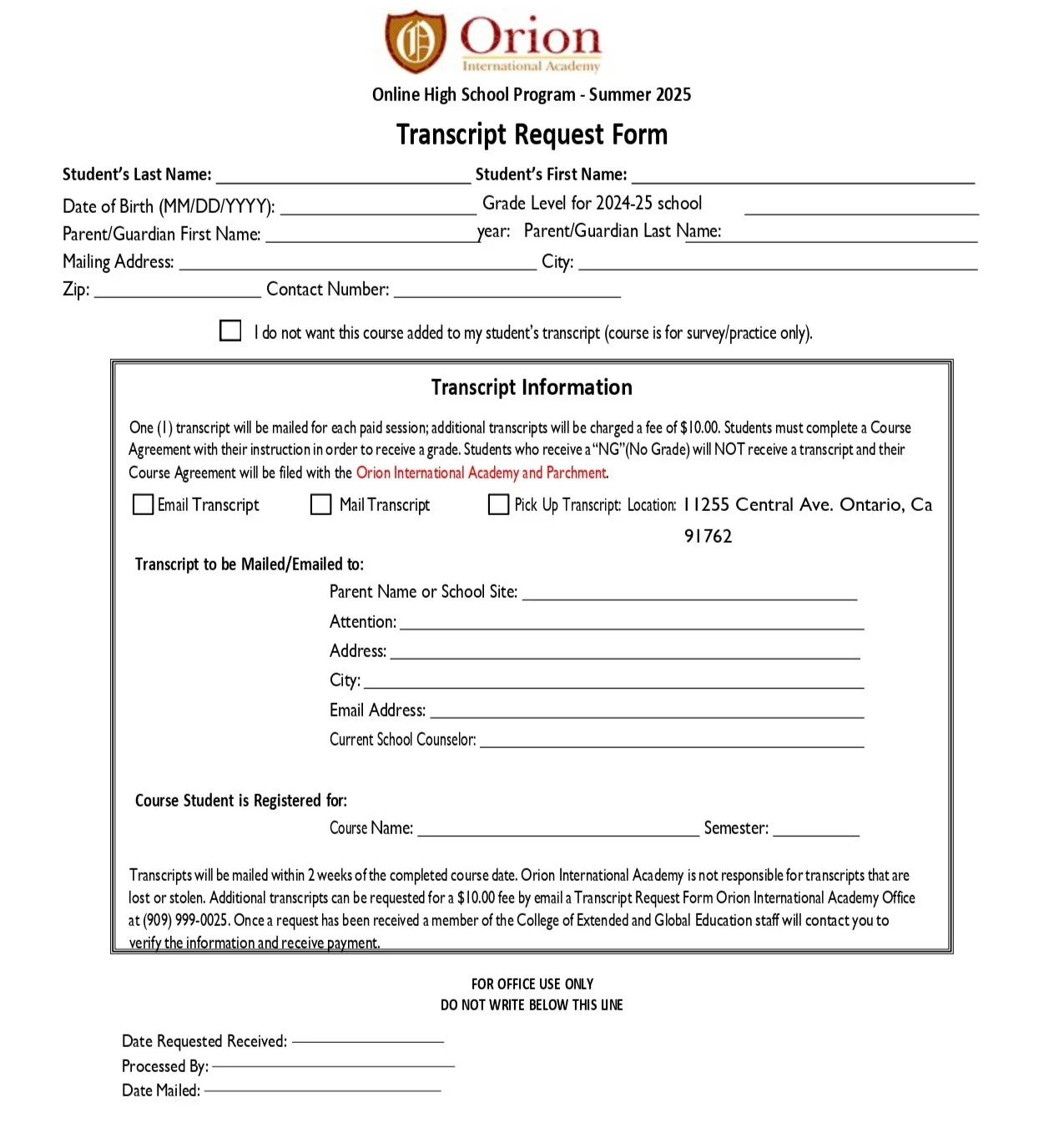 Orion Online High School Program - Summer 2025